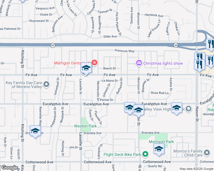 map of restaurants, bars, coffee shops, grocery stores, and more near 12839 Orleans Drive in Moreno Valley