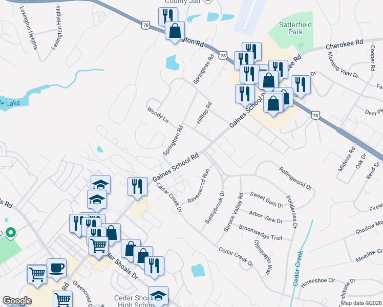 map of restaurants, bars, coffee shops, grocery stores, and more near 460 Gaines School Road in Athens