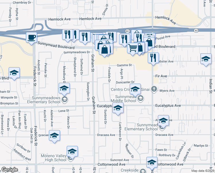 map of restaurants, bars, coffee shops, grocery stores, and more near 12843 Foxdale Drive in Moreno Valley