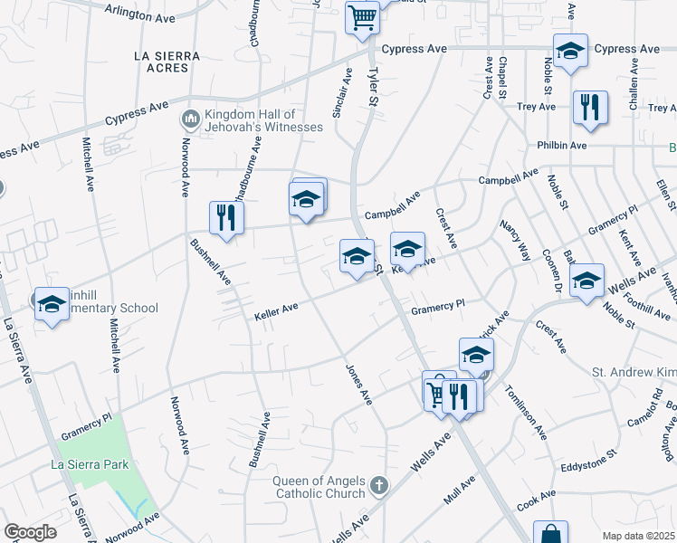 map of restaurants, bars, coffee shops, grocery stores, and more near 10365 Keller Avenue in Riverside