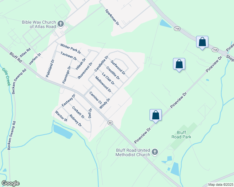 map of restaurants, bars, coffee shops, grocery stores, and more near 2528 Windy Drive in Columbia