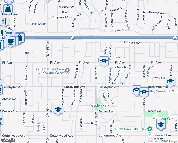 map of restaurants, bars, coffee shops, grocery stores, and more near 12857 Winterberry Way in Moreno Valley