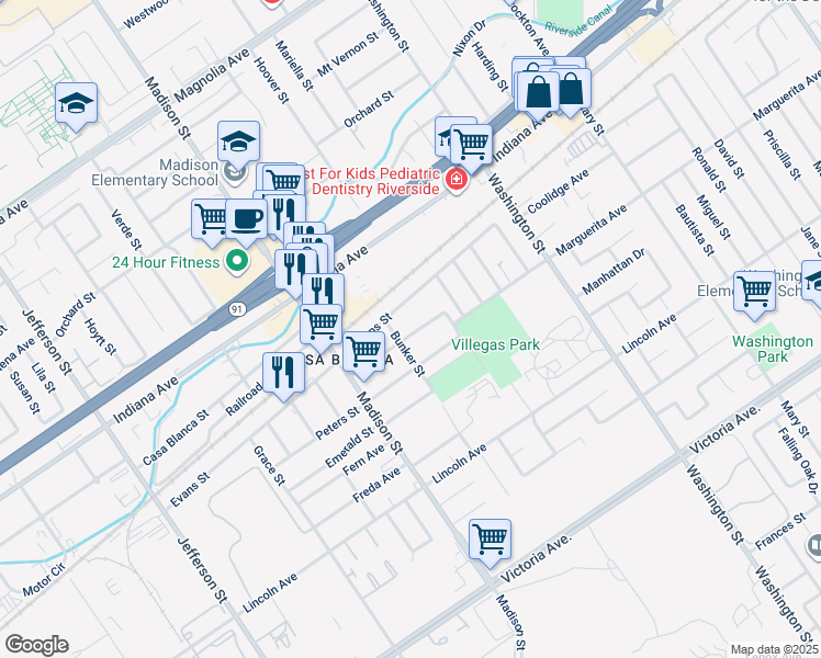 map of restaurants, bars, coffee shops, grocery stores, and more near 7371 Diamond Street in Riverside