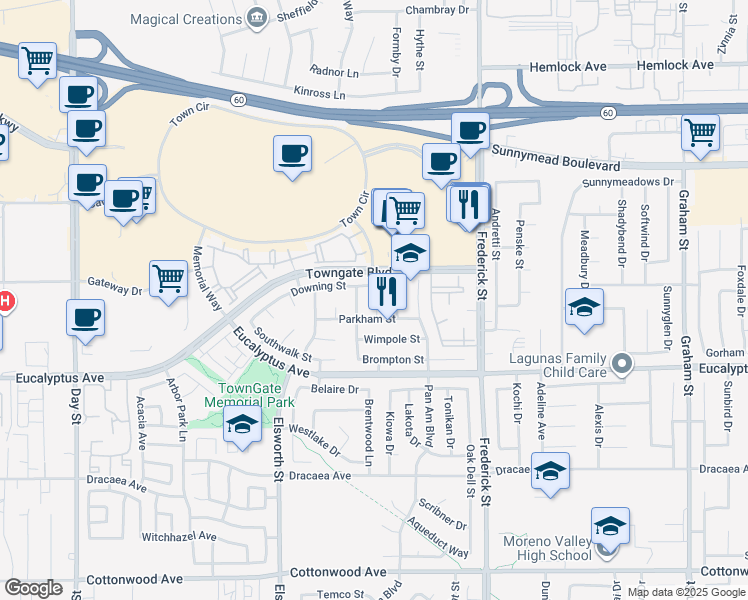 map of restaurants, bars, coffee shops, grocery stores, and more near 12799 Tiverton Court in Moreno Valley