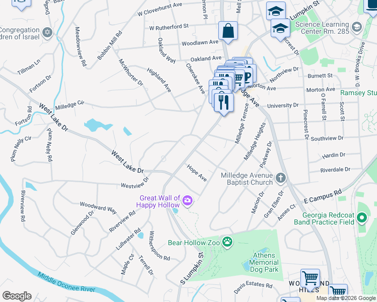 map of restaurants, bars, coffee shops, grocery stores, and more near 225 Westview Drive in Athens