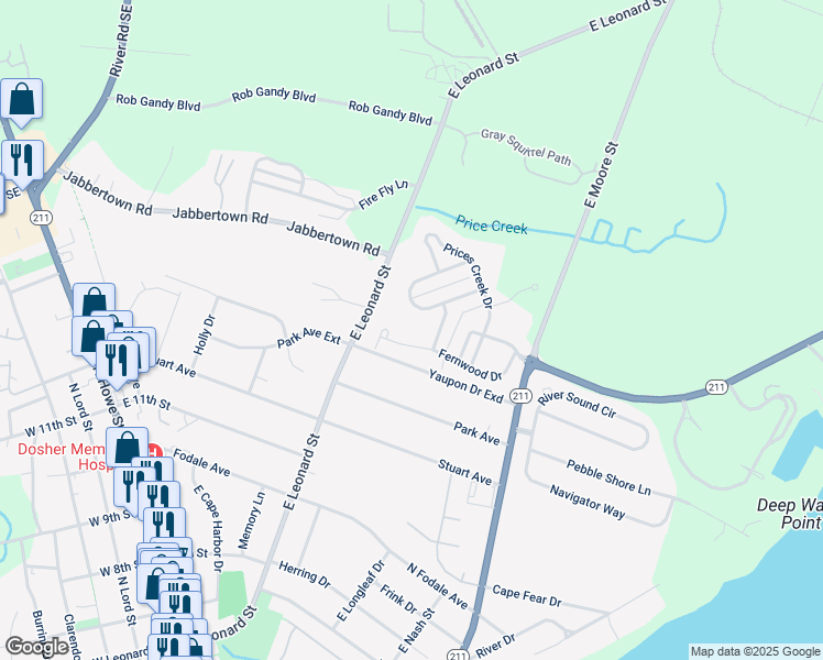 map of restaurants, bars, coffee shops, grocery stores, and more near 5111 Fernwood Dr in Southport