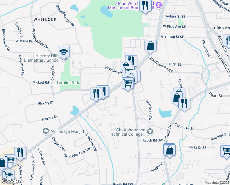 map of restaurants, bars, coffee shops, grocery stores, and more near 761 Georgia 360 in Marietta