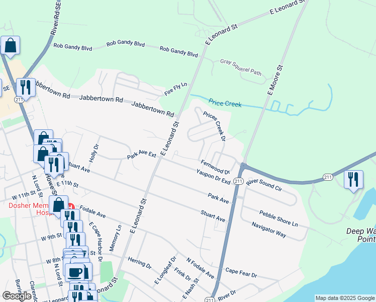 map of restaurants, bars, coffee shops, grocery stores, and more near 5111 Fernwood Dr in Southport