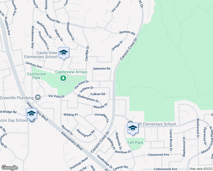 map of restaurants, bars, coffee shops, grocery stores, and more near 1135 Voltaire Drive in Riverside