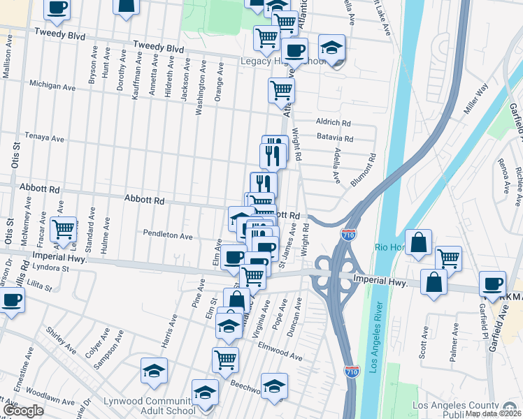 map of restaurants, bars, coffee shops, grocery stores, and more near 5003 Abbott Road in Lynwood