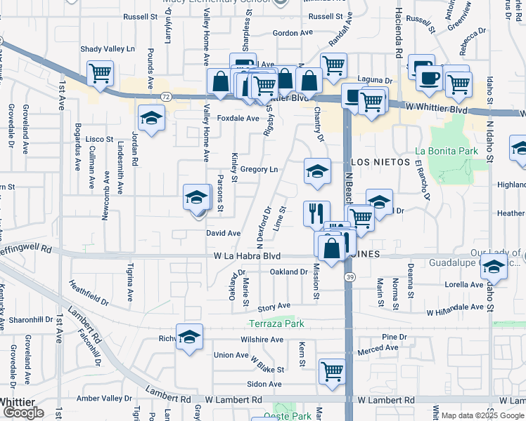 map of restaurants, bars, coffee shops, grocery stores, and more near 311 North Dexford Drive in La Habra