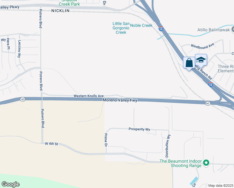 map of restaurants, bars, coffee shops, grocery stores, and more near 1280 Western Knolls Avenue in Beaumont