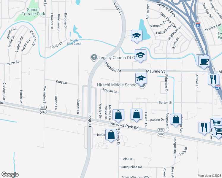 map of restaurants, bars, coffee shops, grocery stores, and more near 3210 Marian Lane in Wichita Falls
