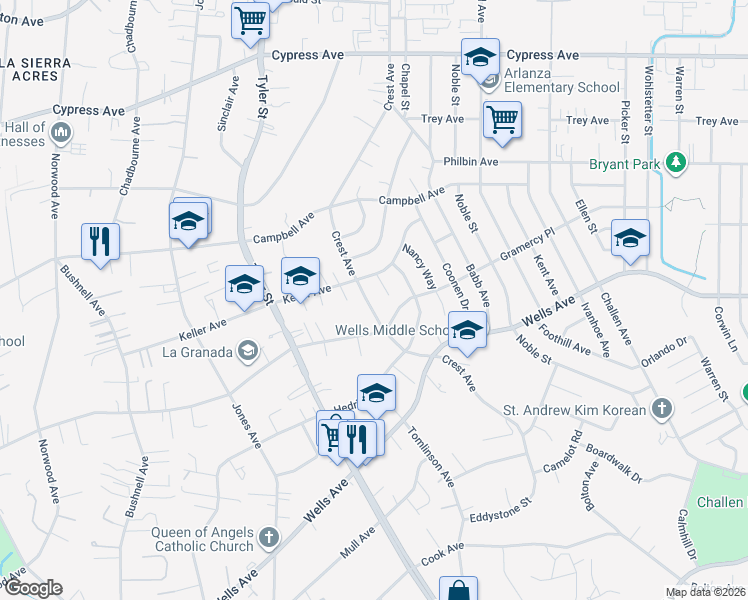map of restaurants, bars, coffee shops, grocery stores, and more near 5382 Crest Avenue in Riverside