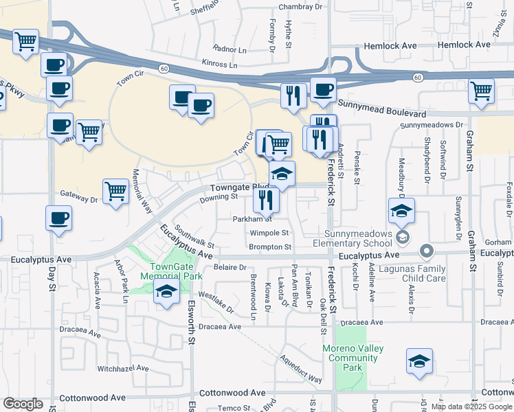 map of restaurants, bars, coffee shops, grocery stores, and more near 12799 Tiverton Court in Moreno Valley
