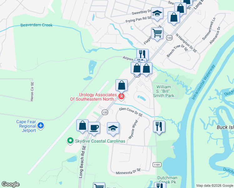 map of restaurants, bars, coffee shops, grocery stores, and more near 4239 Long Beach Road Southeast in Southport