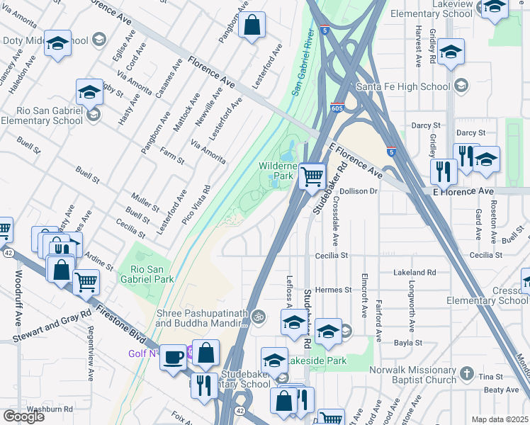 map of restaurants, bars, coffee shops, grocery stores, and more near 10859 Little Lake Road in Downey