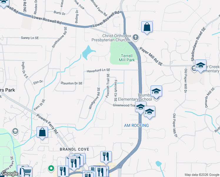 map of restaurants, bars, coffee shops, grocery stores, and more near 660 Foxcroft Circle Southeast in Marietta