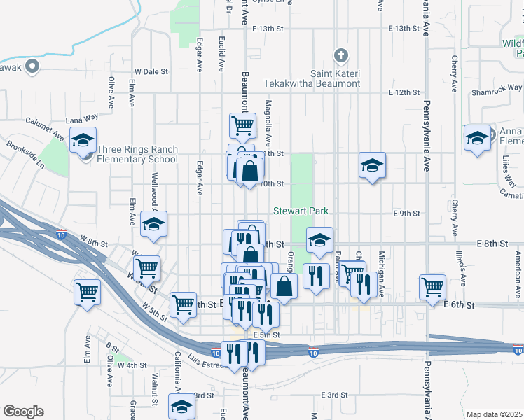 map of restaurants, bars, coffee shops, grocery stores, and more near 929 Magnolia Avenue in Beaumont