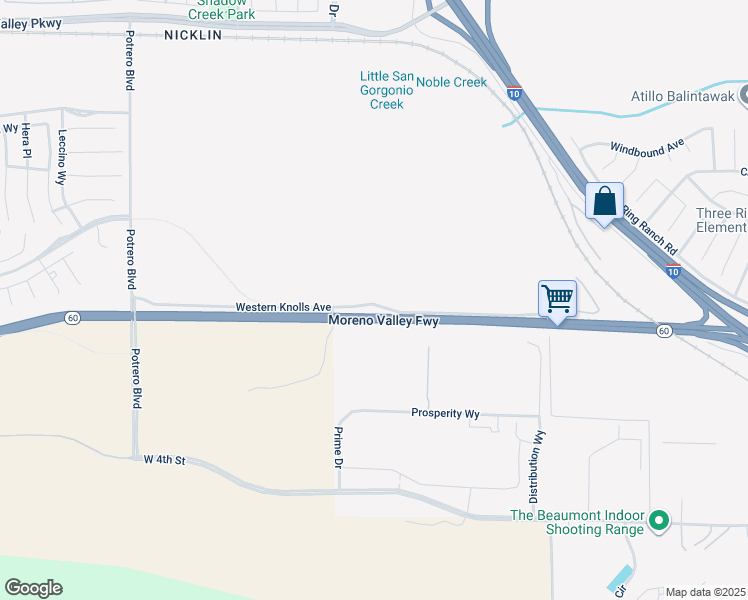 map of restaurants, bars, coffee shops, grocery stores, and more near 1280 Western Knolls Avenue in Beaumont