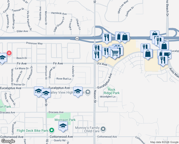 map of restaurants, bars, coffee shops, grocery stores, and more near 12833 Wainwright Lane in Moreno Valley