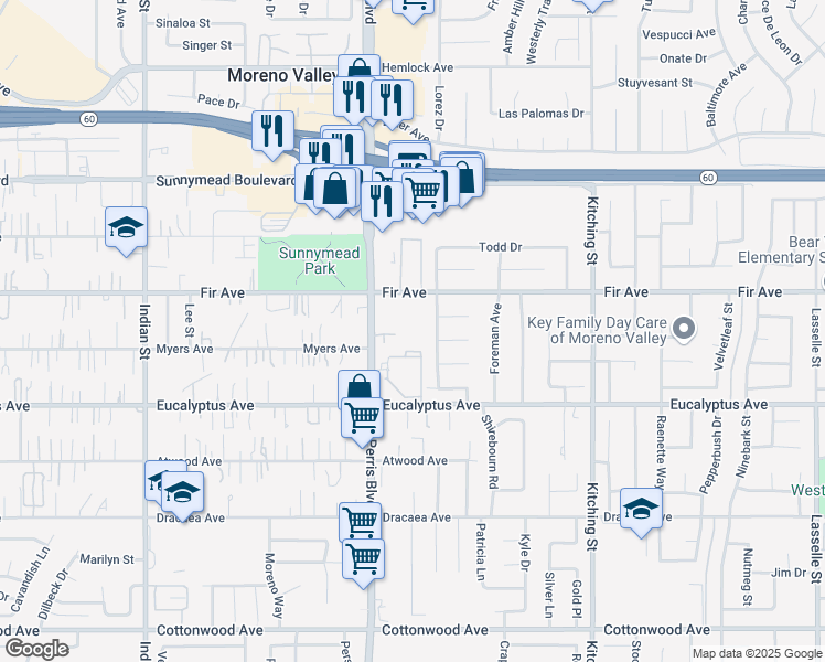 map of restaurants, bars, coffee shops, grocery stores, and more near 25105 Fir Avenue in Moreno Valley