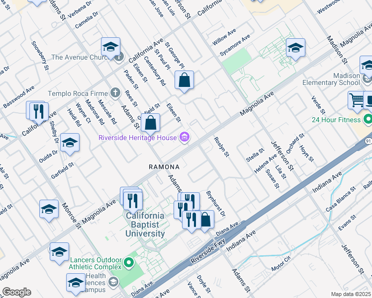 map of restaurants, bars, coffee shops, grocery stores, and more near 3827 Gates Place in Riverside