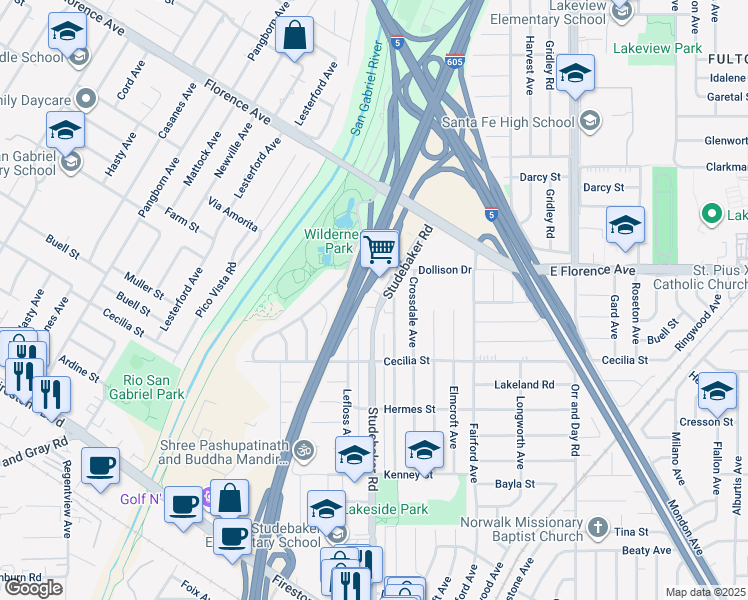 map of restaurants, bars, coffee shops, grocery stores, and more near 10829 Studebaker Road in Downey