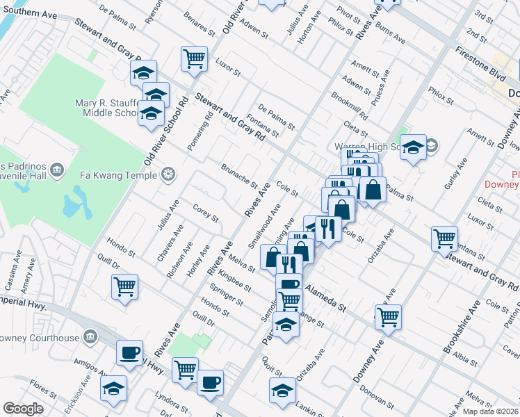 map of restaurants, bars, coffee shops, grocery stores, and more near 12037 Smallwood Avenue in Downey