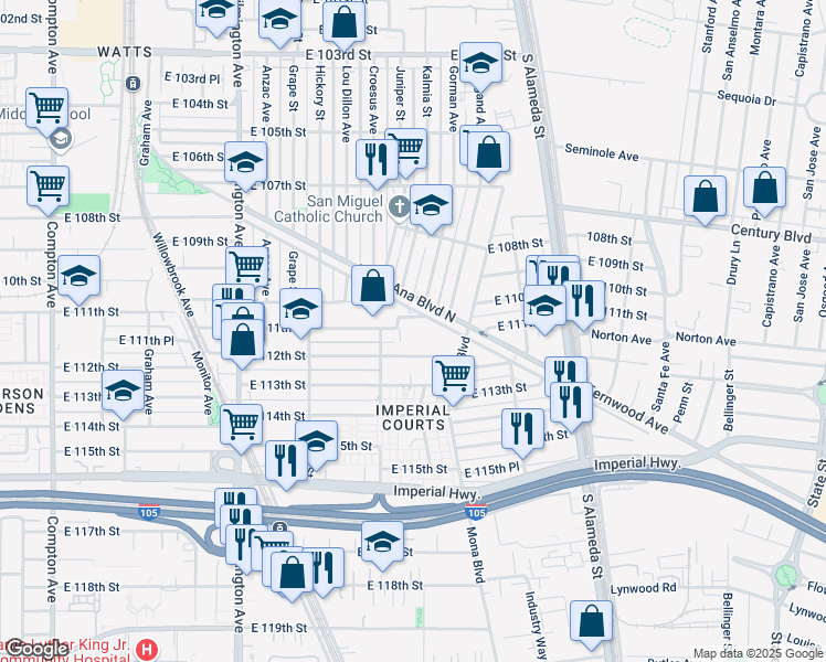 map of restaurants, bars, coffee shops, grocery stores, and more near 2211 East 111th Street in Los Angeles