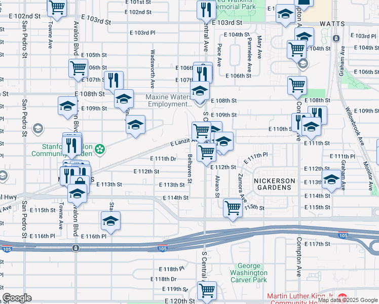 map of restaurants, bars, coffee shops, grocery stores, and more near 11122 Belhaven Street in Los Angeles