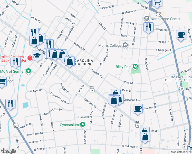 map of restaurants, bars, coffee shops, grocery stores, and more near 20 Franklin Street in Sumter