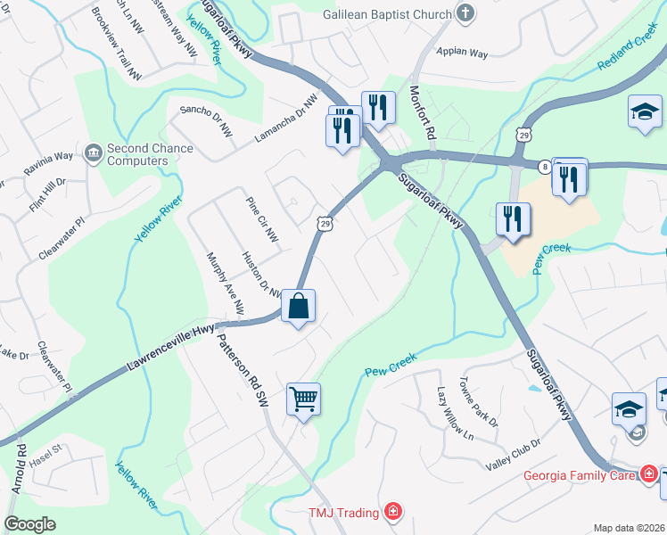 map of restaurants, bars, coffee shops, grocery stores, and more near 1671 Cannonball Court Northwest in Lawrenceville
