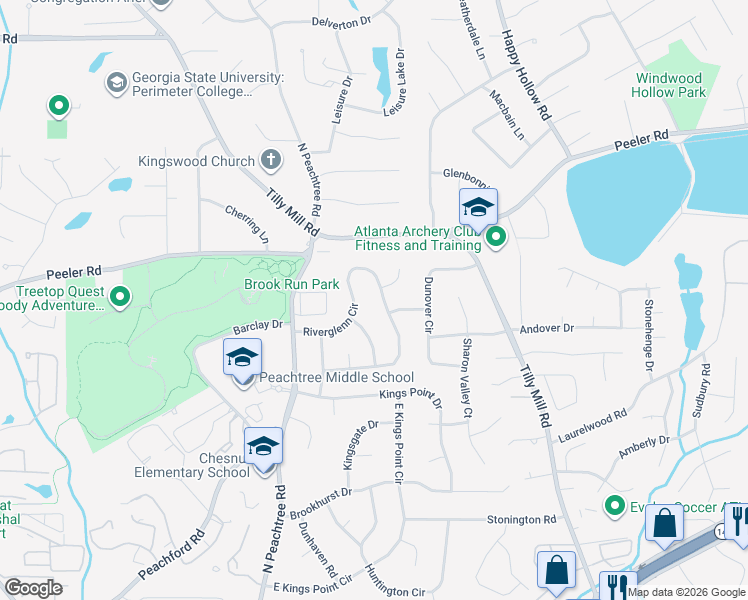 map of restaurants, bars, coffee shops, grocery stores, and more near 2453 Riverglenn Circle in Dunwoody