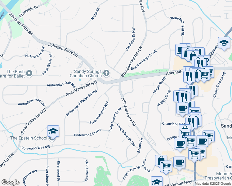 map of restaurants, bars, coffee shops, grocery stores, and more near 198 Johnson Ferry Road in Sandy Springs