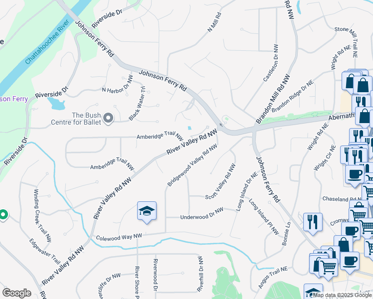 map of restaurants, bars, coffee shops, grocery stores, and more near 265 River Valley Road Northwest in Sandy Springs