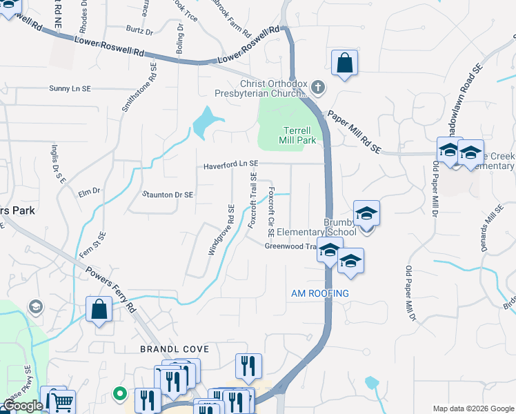 map of restaurants, bars, coffee shops, grocery stores, and more near 660 Foxcroft Circle Southeast in Marietta