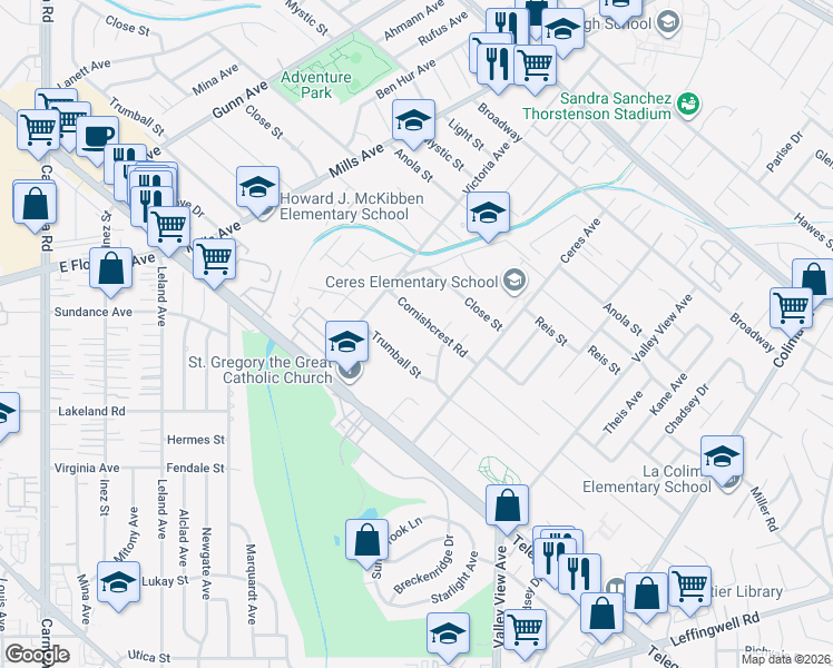 map of restaurants, bars, coffee shops, grocery stores, and more near 14118 Cornishcrest Road in Whittier