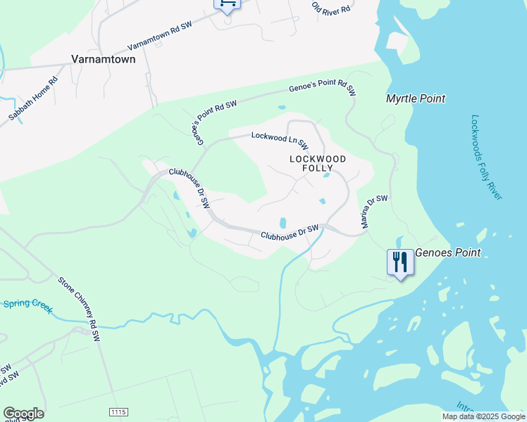 map of restaurants, bars, coffee shops, grocery stores, and more near 3188 Windward Village Lane Southwest in Brunswick County