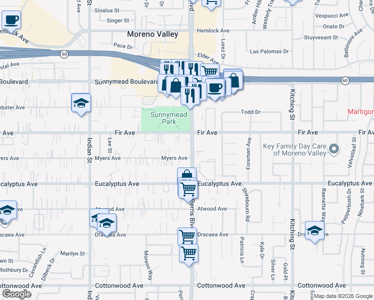 map of restaurants, bars, coffee shops, grocery stores, and more near 12777 Perris Boulevard in Moreno Valley