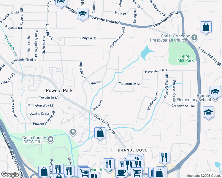 map of restaurants, bars, coffee shops, grocery stores, and more near 720 Brookline Drive Southeast in Marietta