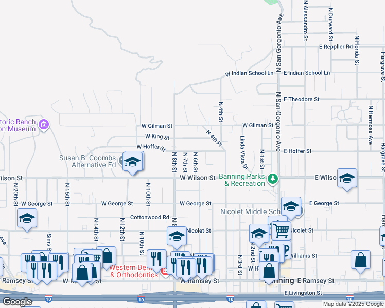 map of restaurants, bars, coffee shops, grocery stores, and more near 983 North 6th Street in Banning