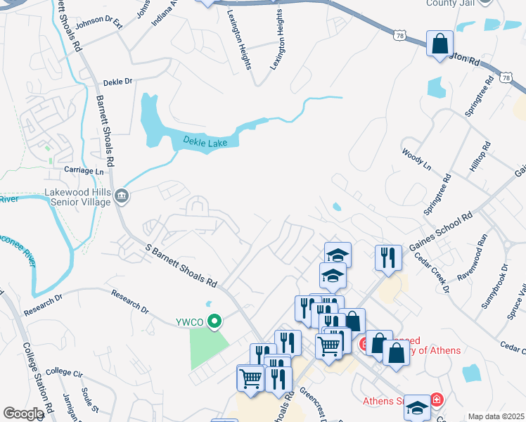 map of restaurants, bars, coffee shops, grocery stores, and more near 142 Park Ridge Court in Athens