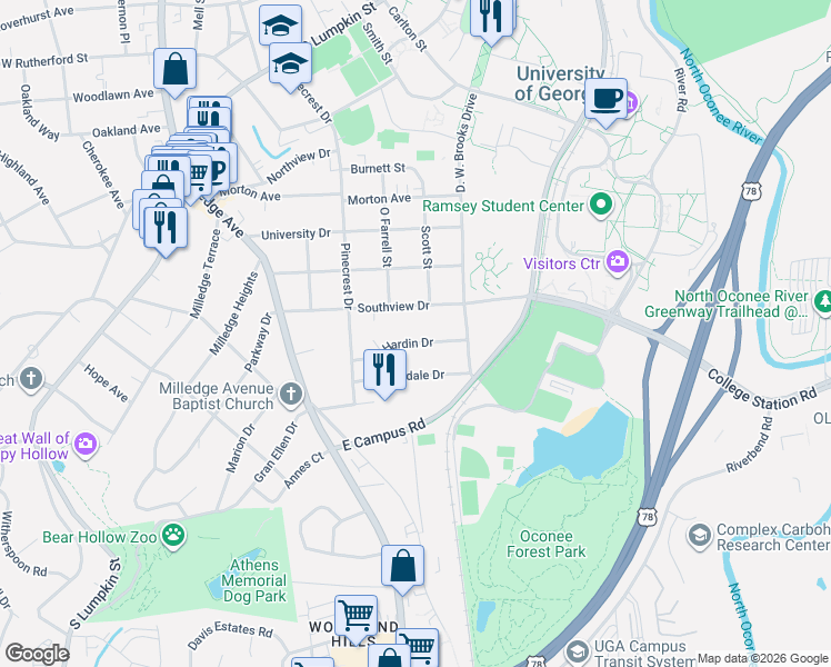 map of restaurants, bars, coffee shops, grocery stores, and more near 520 Southview Drive in Athens