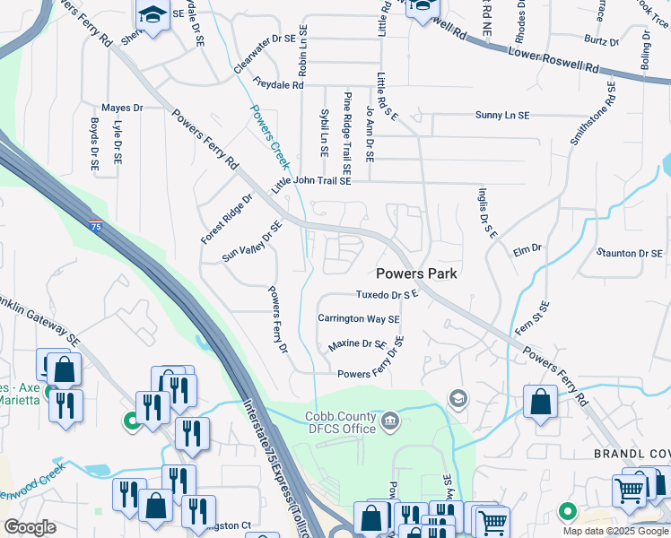 map of restaurants, bars, coffee shops, grocery stores, and more near 2332 Trellis Lane Southeast in Marietta