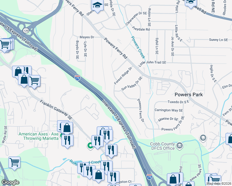 map of restaurants, bars, coffee shops, grocery stores, and more near 2137 Powers Ferry Drive in Marietta