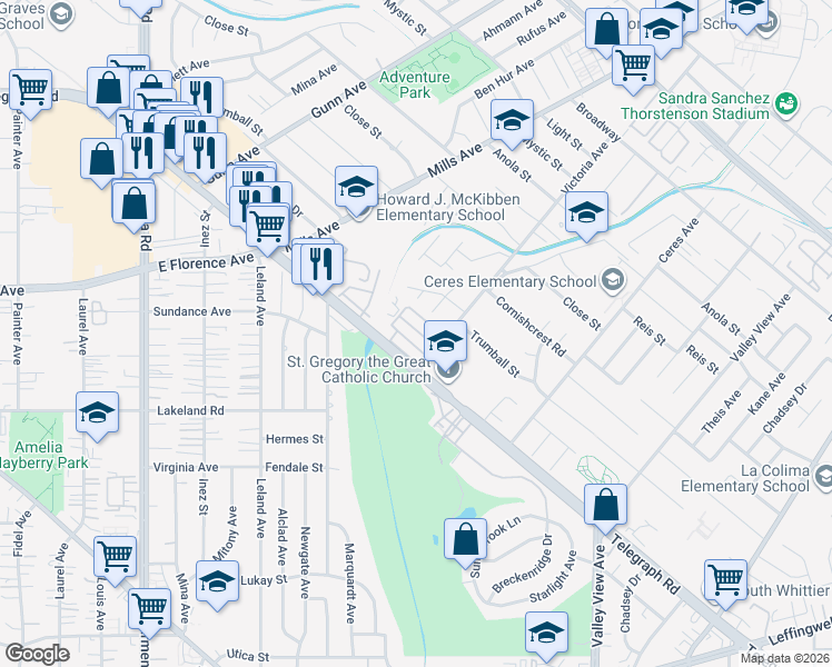map of restaurants, bars, coffee shops, grocery stores, and more near 10745 Victoria Avenue in Riverside