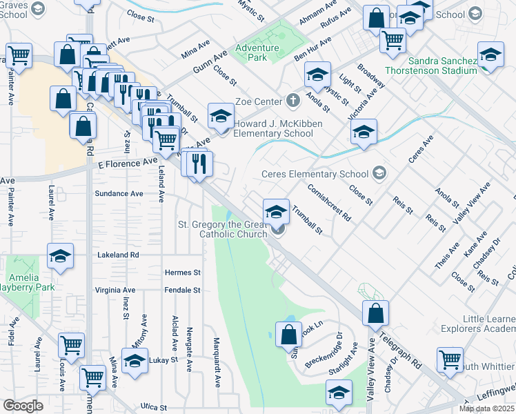 map of restaurants, bars, coffee shops, grocery stores, and more near 13819 Telegraph Road in Whittier