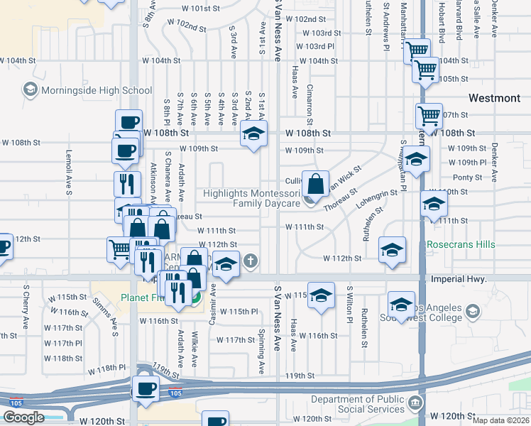 map of restaurants, bars, coffee shops, grocery stores, and more near 11028 Spinning Avenue South in Inglewood