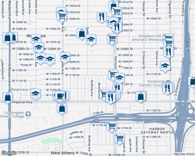 map of restaurants, bars, coffee shops, grocery stores, and more near 11113 Berendo Avenue in Los Angeles